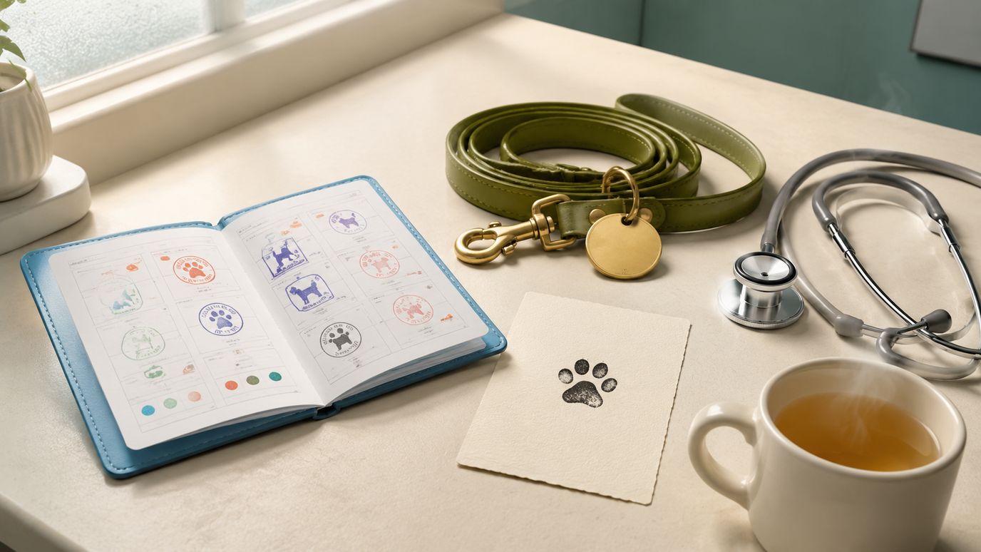 Pre-operatieve consult-tafel met dierenpaspoort, ingrepen-checklist, stetoscoop, kalme verlichting