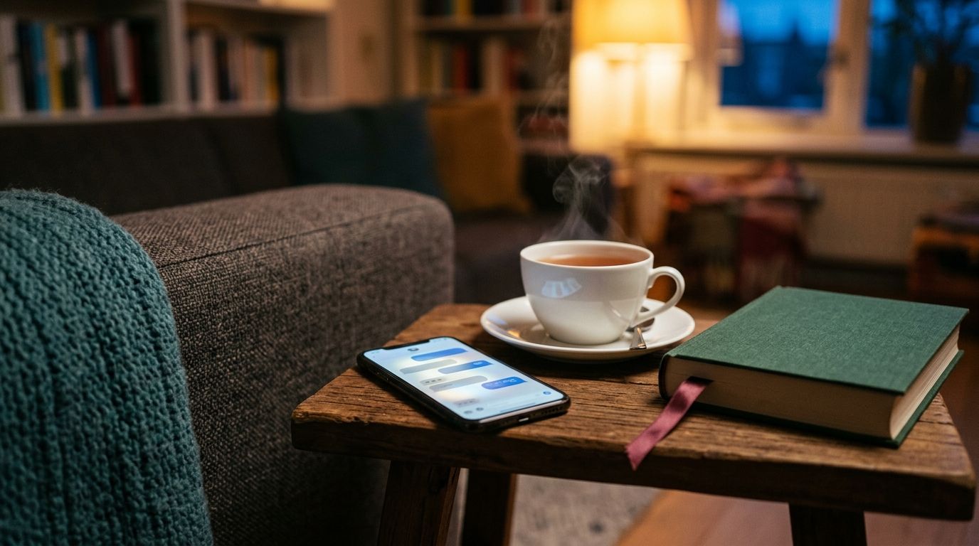 Close-up van een tablet met chatgesprek op een houten balie met een groene plant