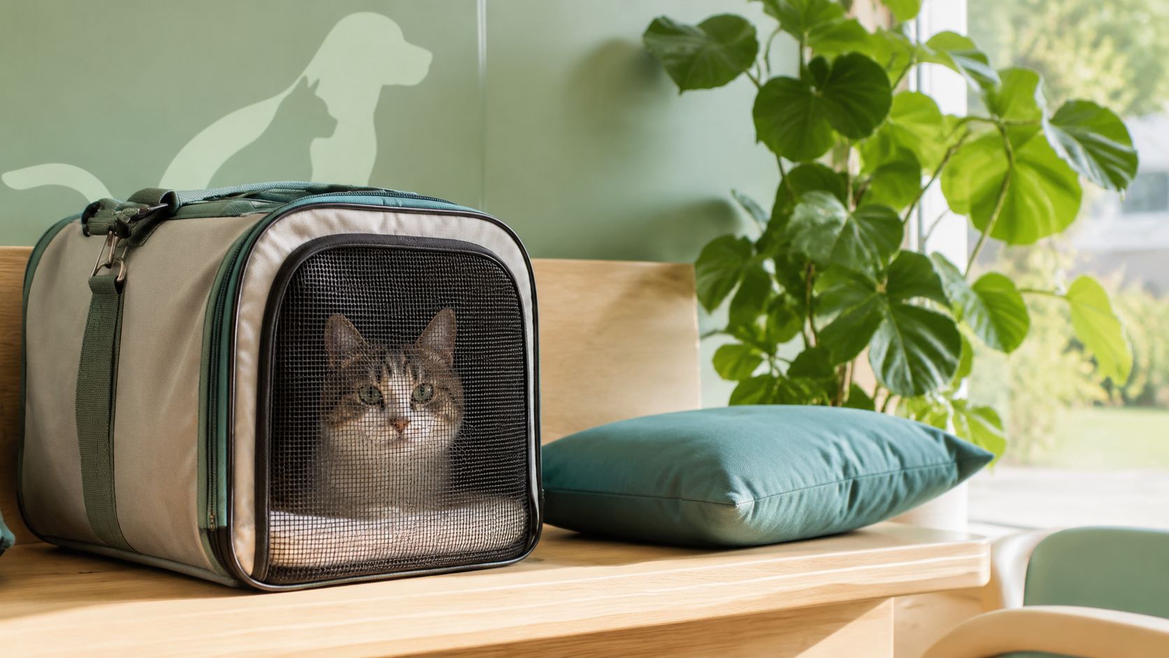 Kat in een reismand op een houten bankje in de lichte wachtkamer van een dierenartspraktijk