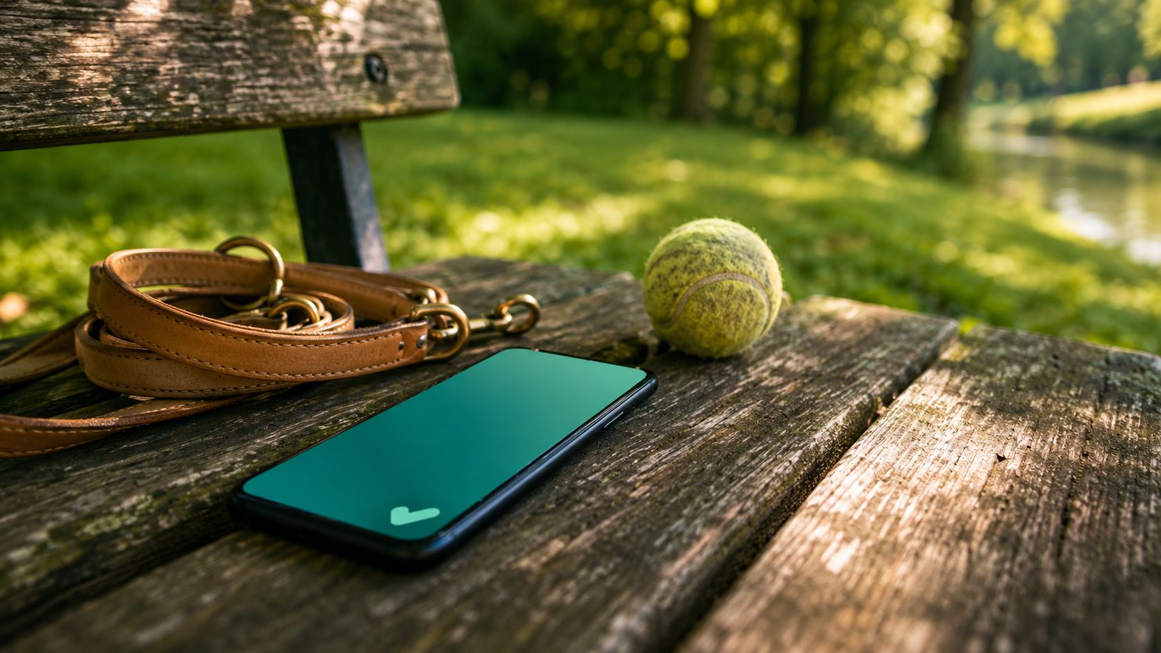 Telefoon met een afspraakbevestiging op een houten parkbankje, naast een opgerolde hondenriem en een tennisbal in de ochtendzon