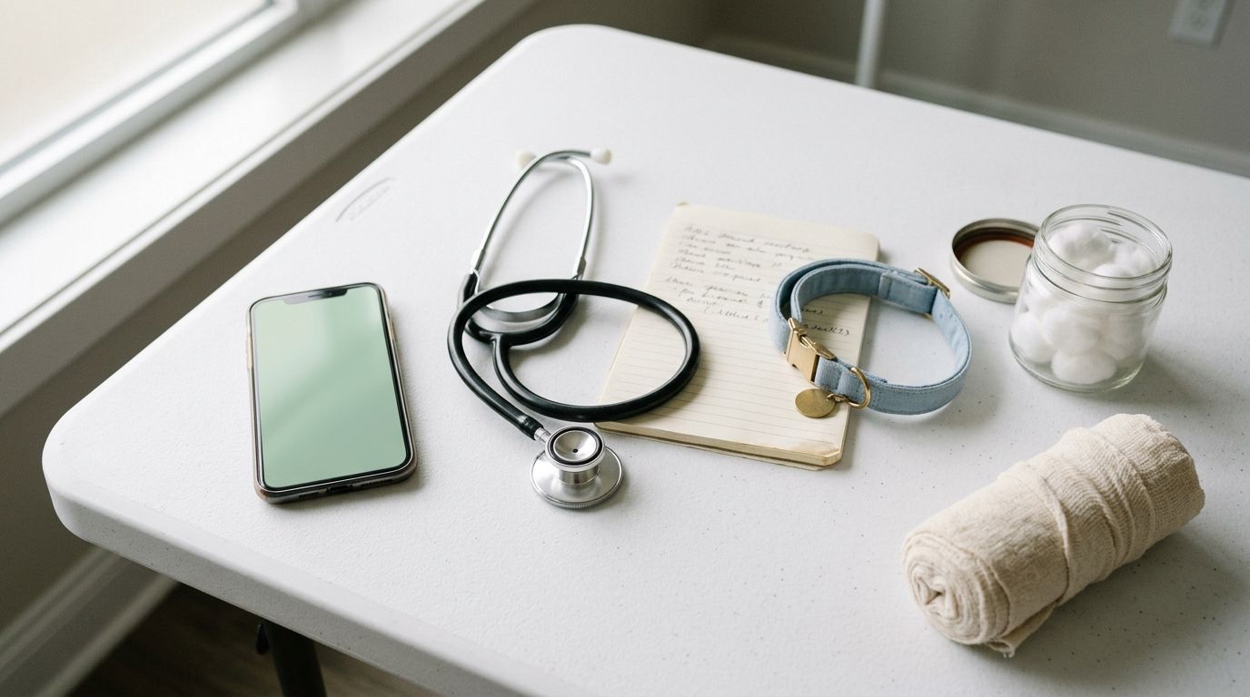 Dierenarts onderzoek met stethoscoop, smartphone en patiëntkaart op witte tafel, warm praktijklicht