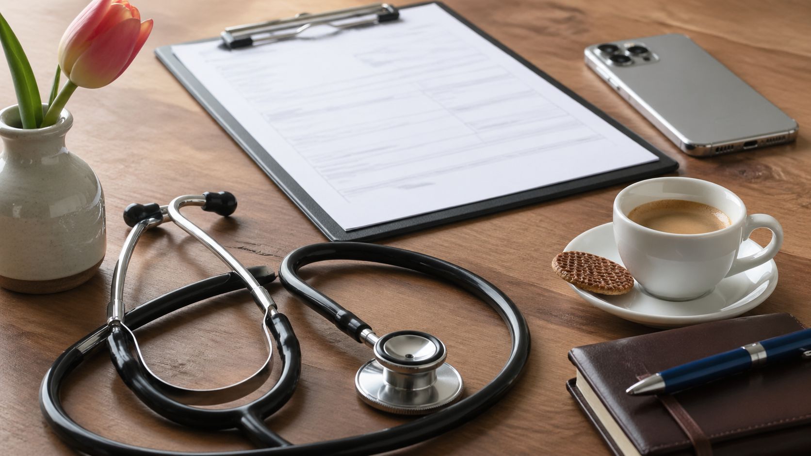 Dierenarts werkblad close-up: stethoscoop, klembord met patiëntkaart, espresso, smartphone en notitieblok in zacht daglicht