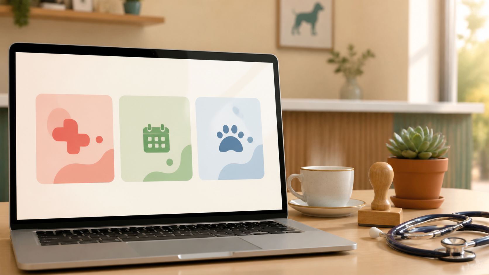 Screenshot stijl ontwerp van een Nederlandse dierenartsenwebsite homepage met drie duidelijke ingangen (spoed knop bovenin, afspraak-formulier prominent in midden, specialisme-tegels onderaan) op een ipad in de wachtkamer