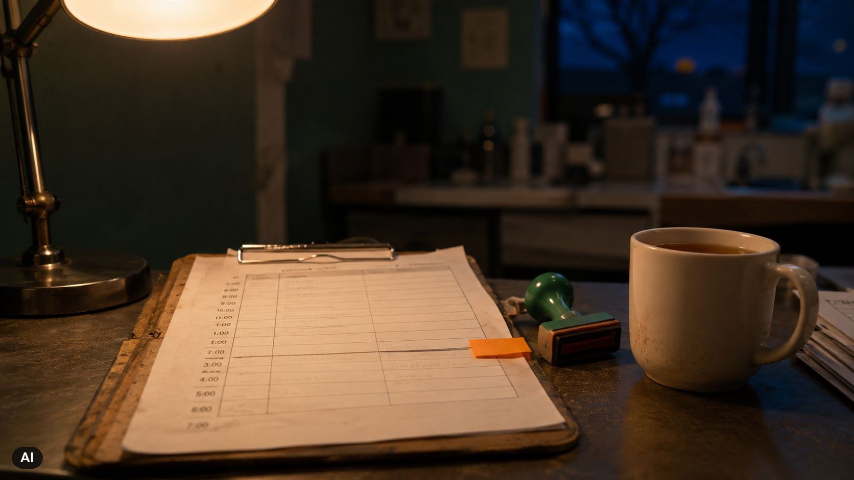 Dagoverzicht op een klembord met een doorgestreepte regel en een oranje markeervlag, naast een groene datumstempel op een praktijkbureau in avondlicht