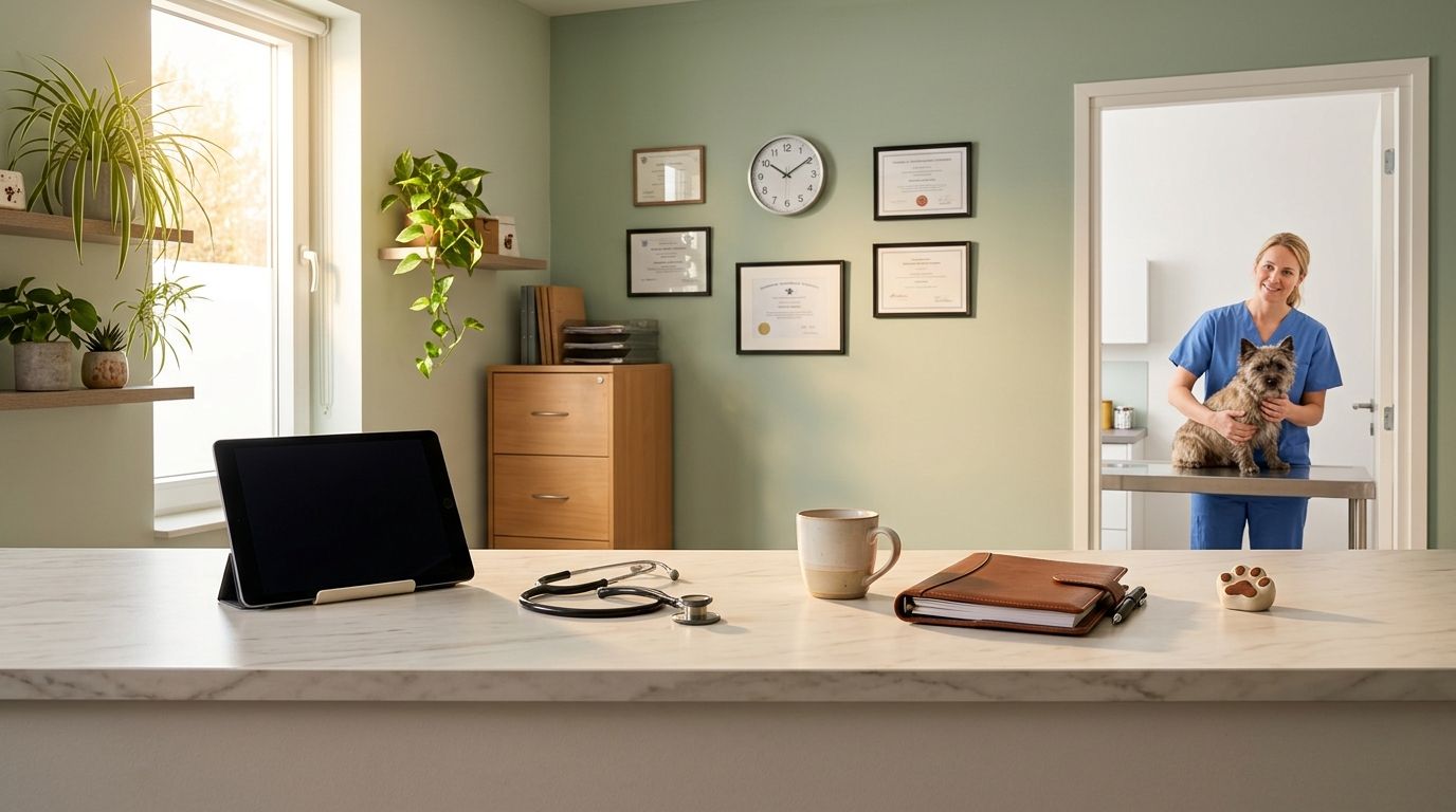 Werkbalie close-up: stethoscoop, een afsprakenkaartje, een tablet met afgeschermde GBP-categorie-instellingen en een mok dampende koffie op een marmeren ontvangstbalie, zachte ochtendzon