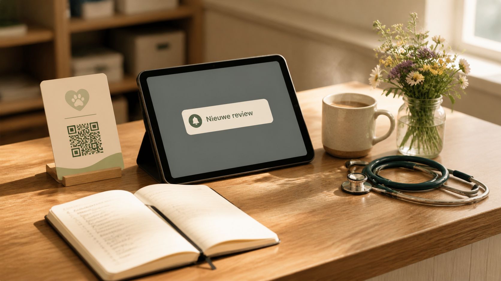 Receptiebureau in een Nederlandse dierenartspraktijk met QR-bordje voor reviews, tablet en bloemen
