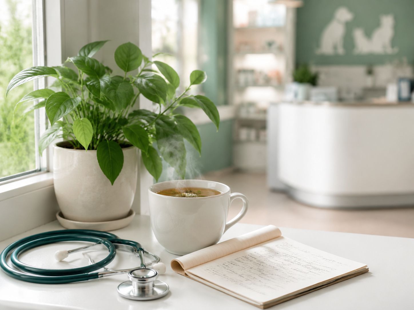 Een dierenarts plant rustig de social media-content van de praktijk in op een tablet aan de balie