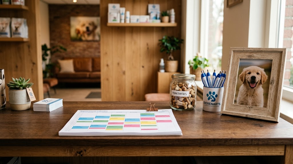 Wachtkamer van een dierenartspraktijk met informatiebrochures