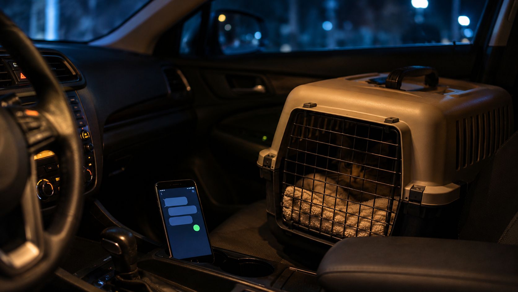 Receptie van een dierenkliniek met een tablet waarop een chatgesprek binnenkomt
