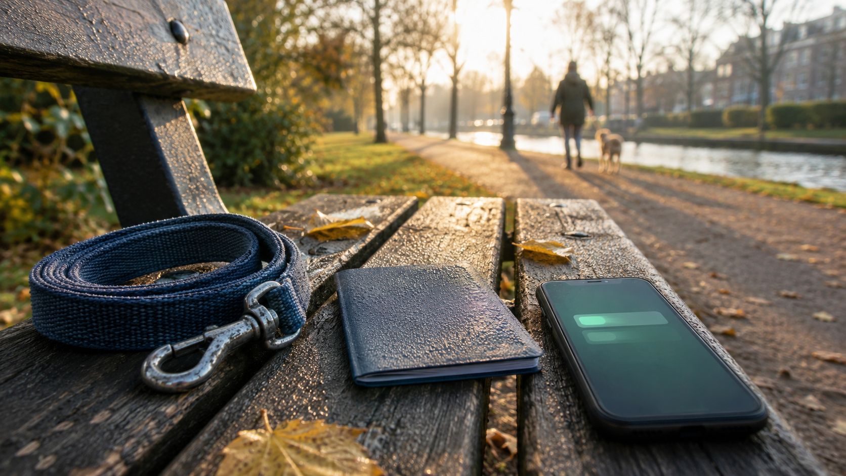 Hondenriem, dierenpaspoort en telefoon met een melding op een parkbankje in de ochtendzon
