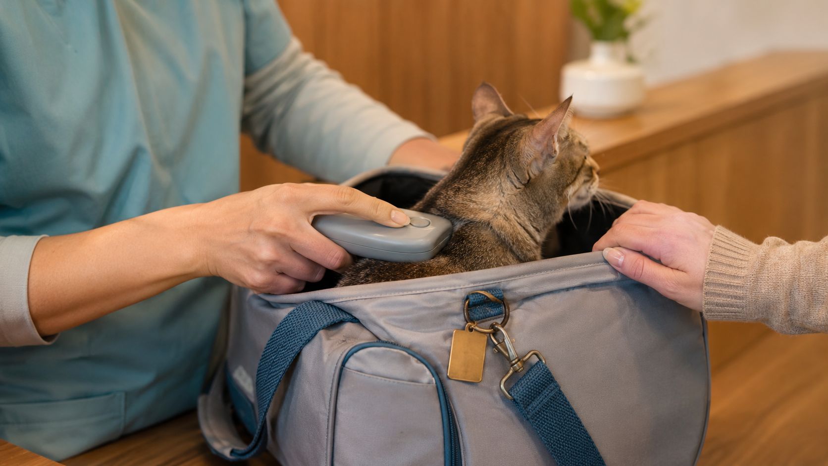 Assistente houdt een chiplezer tegen een kat in een reismand op de balie, terwijl de hand van het baasje op de rand van de mand rust