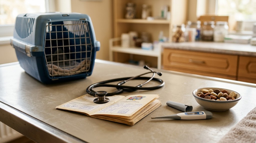 Dierenartsgereedschap en stethoscoop op een behandeltafel