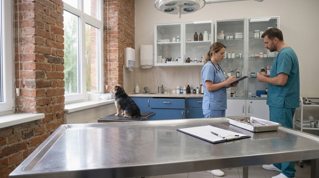 Paraveterinair en dierenarts samenwerken aan een onderzoekstafel met hond in een Nederlandse dierenartspraktijk