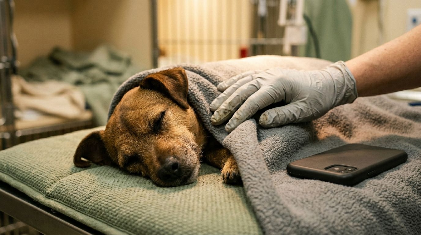 Dierenarts houdt een tablet met foto van een rustende hond, die kijkt voorzichtig op vanuit een zachte herstel-deken in de behandelkamer