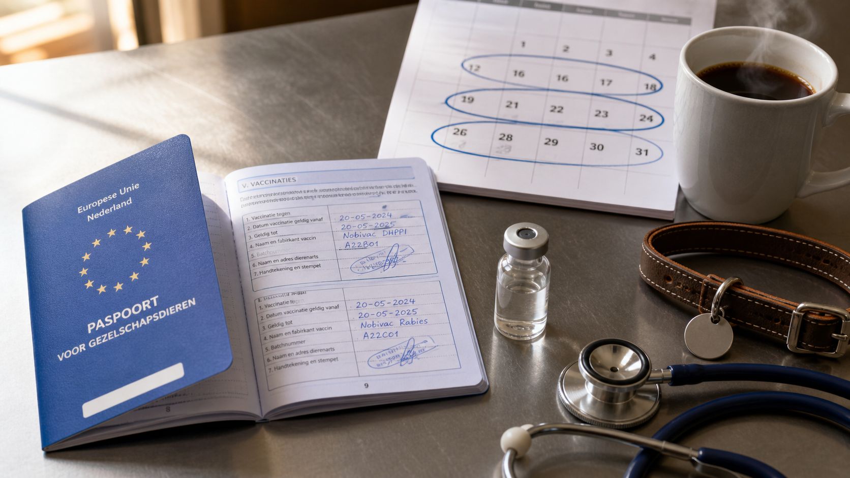 Werkbank van een dierenartspraktijk met dierenpaspoort, vaccinatieflesje, kalender met vakantieperiode, koffie