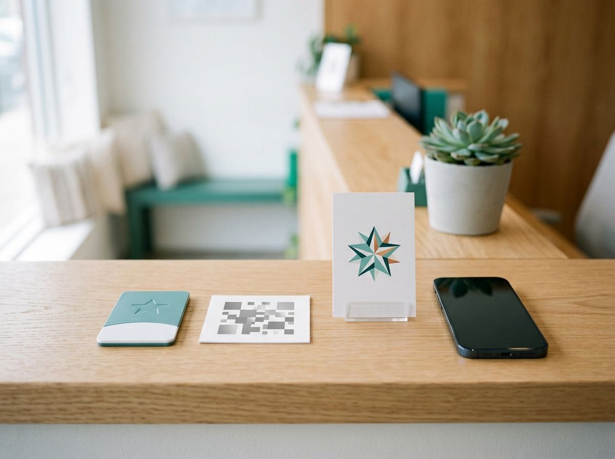 NFC-reviewkaart, QR-code kaartje en een wachtkamer-poster naast elkaar op een balie in een dierenkliniek