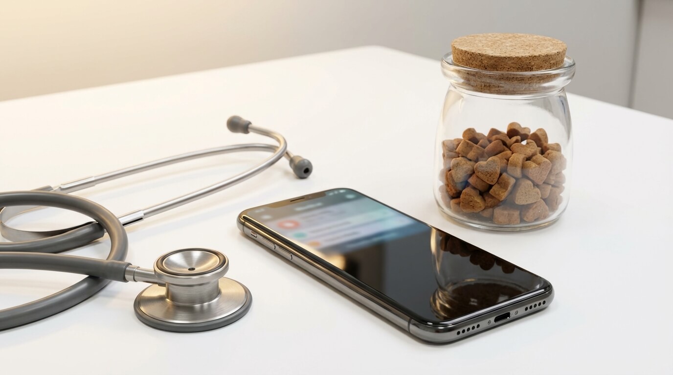 Stethoscoop en smartphone op onderzoekstafel in dierenkliniek