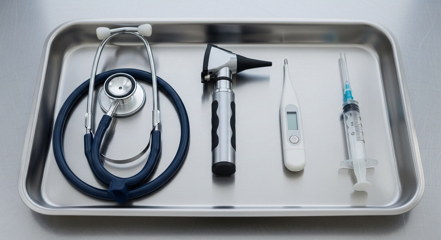 Nette veterinaire instrumenten op een schone behandeltafel