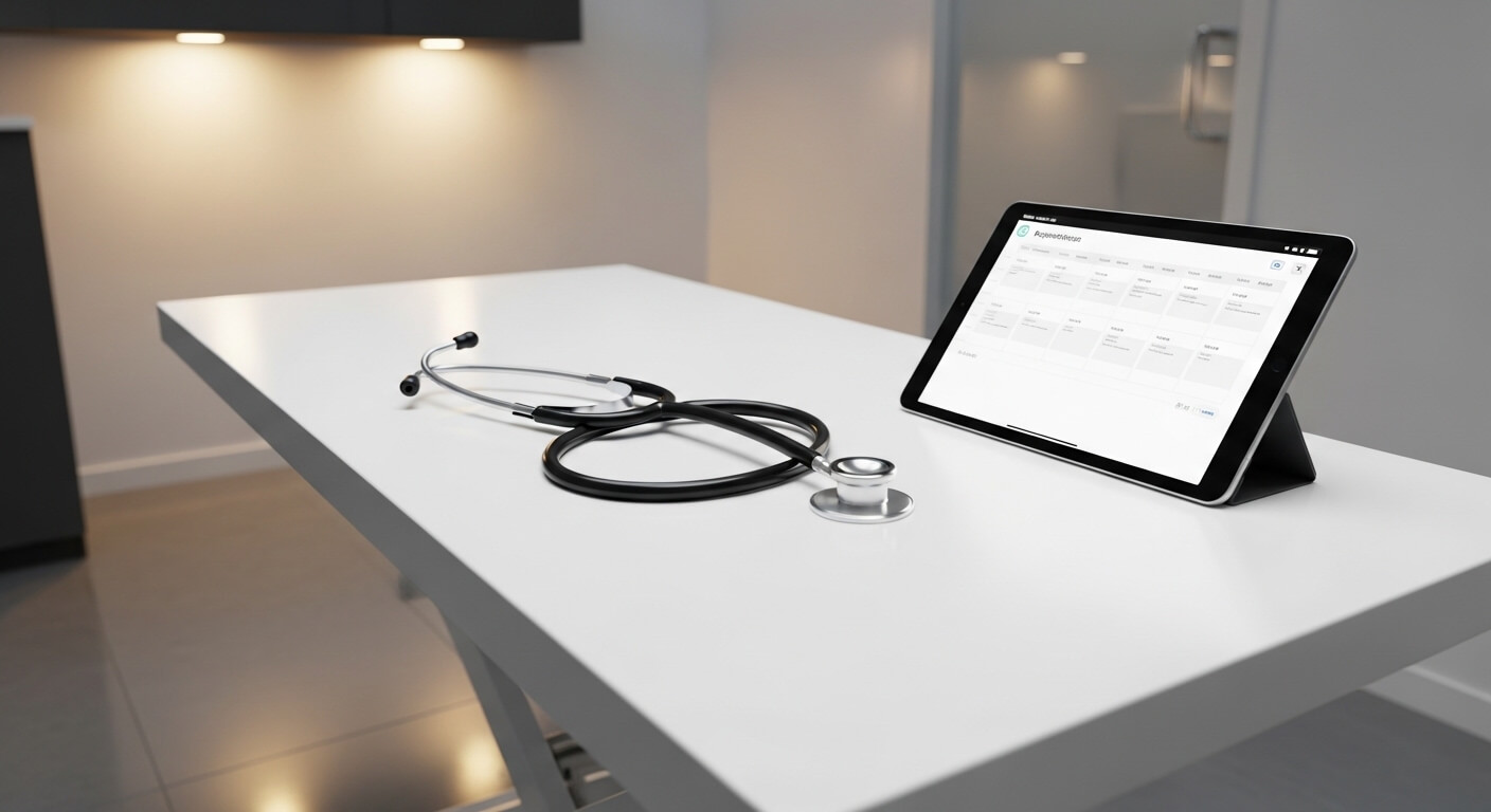 Onderzoekstafel met stethoscoop en tablet