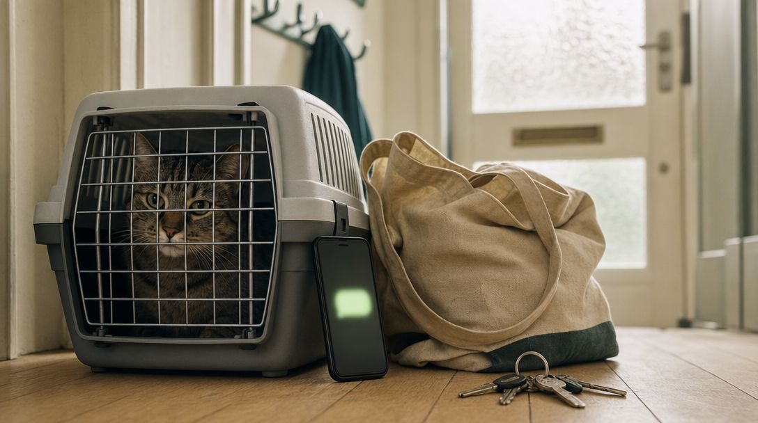 Close-up van een receptiebalie in een dierenartspraktijk met een telefoon waarop een wachtlijst-notificatie oplicht