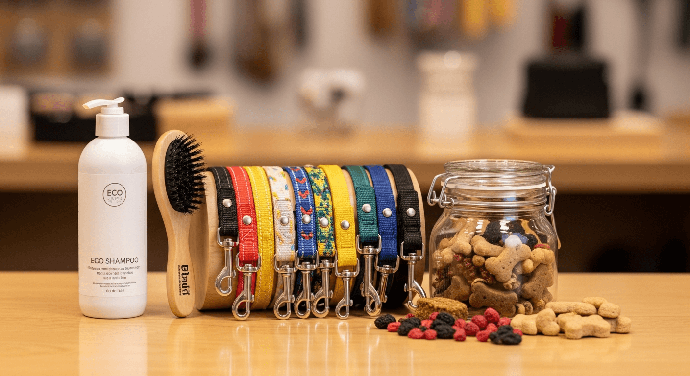 Dierenverzorgingsproducten en trimgereedschap naast elkaar op een schone toonbank