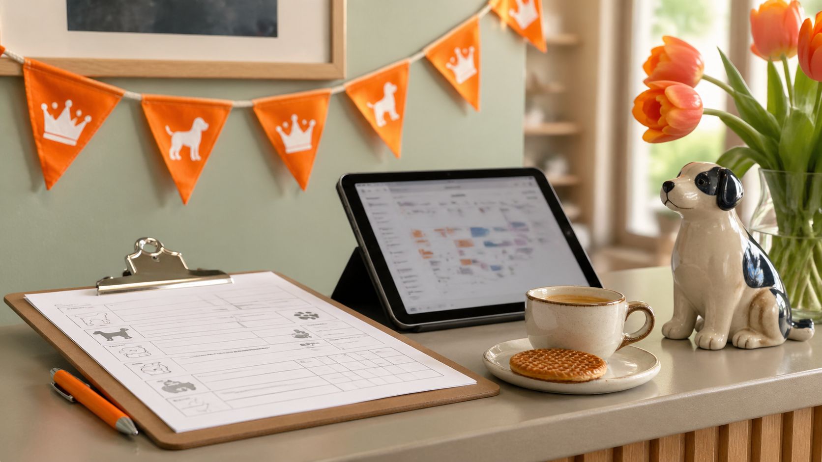 Dierenartspraktijk balie met smartphone, klembord met patiëntformulier, oranje Koningsdag-vlaggetjes, vaas met tulpen, espresso en stroopwafel