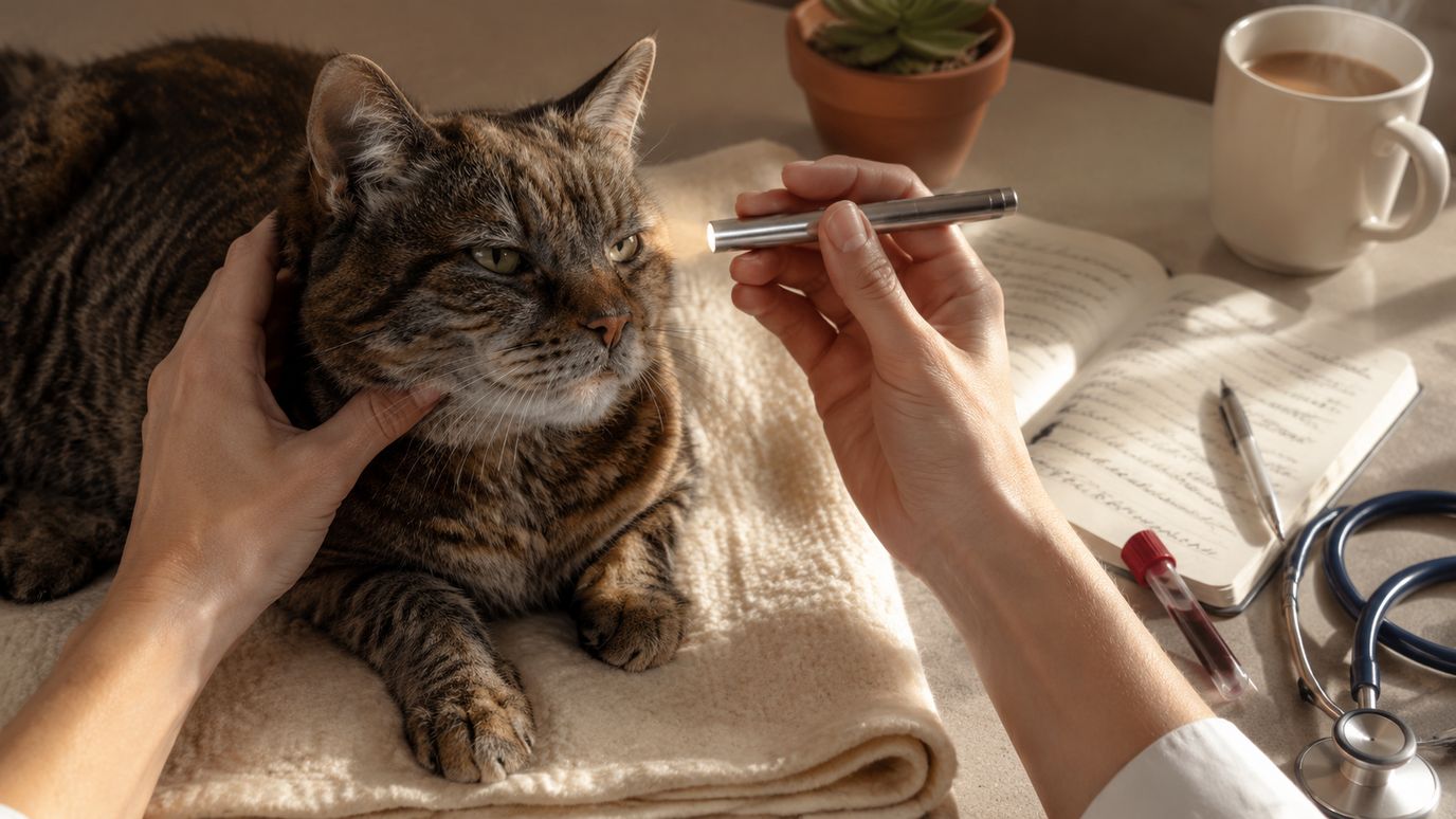 Dierenarts-handen onderzoeken oudere kat tijdens senior-consult met laptop op de achtergrond