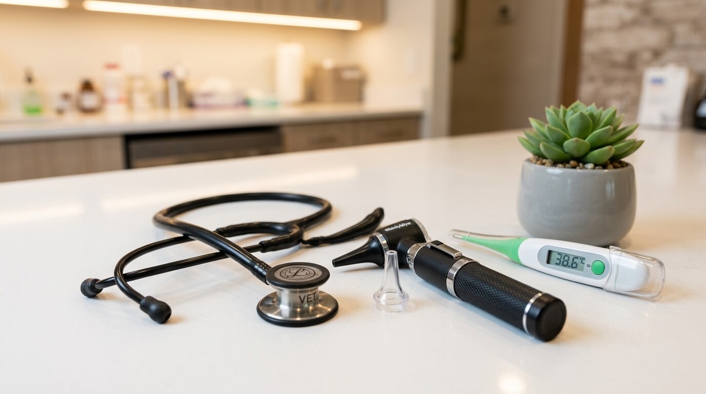 Veterinaire instrumenten op een kliniekbalie