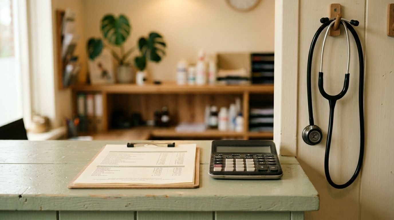 Receptie van een Nederlandse dierenartspraktijk met een kalender en kassa op de balie