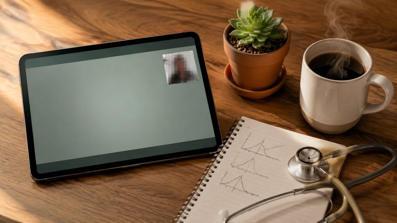 Tablet op een werkblad met video-consult interface, dierenpaspoort, stethoscoop en koffie