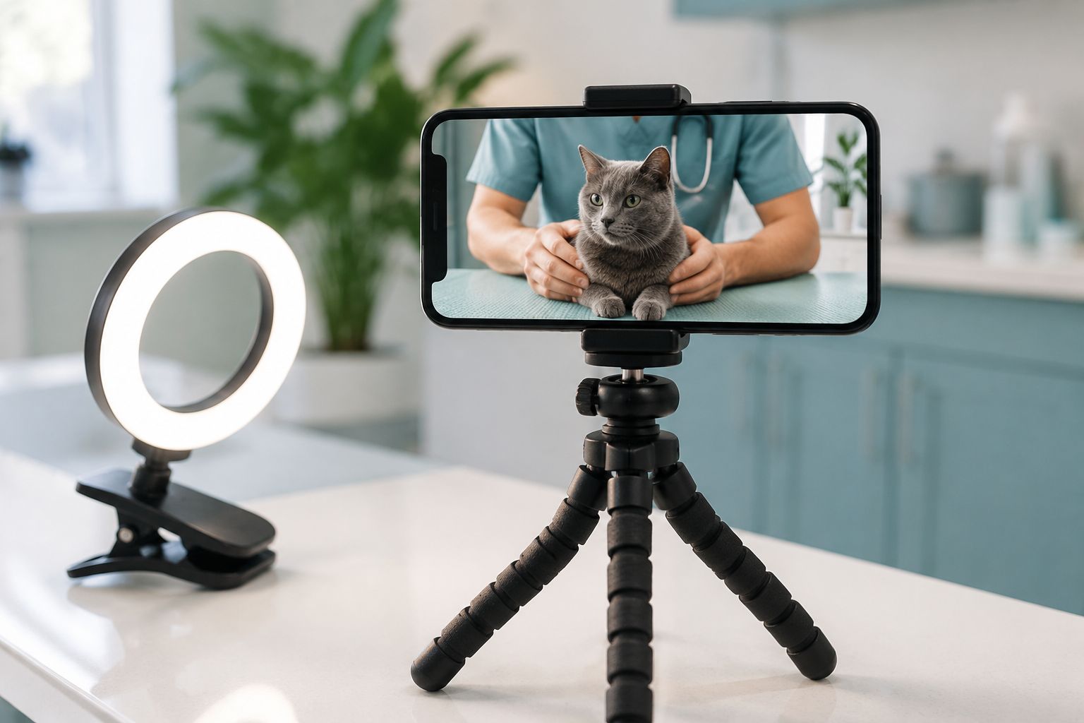 Smartphone op een statief met ringlamp neemt in de onderzoekskamer een korte educatieve video op