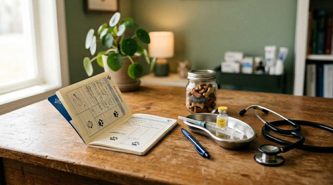 Vaccinatieboekje en stethoscoop op een behandeltafel