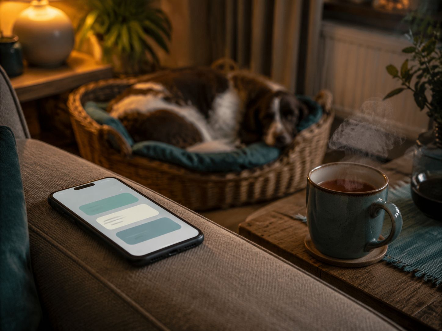 Telefoon met een binnenkomende chatvraag van een baasje op de armleuning van een bank, met een slapende hond op de achtergrond