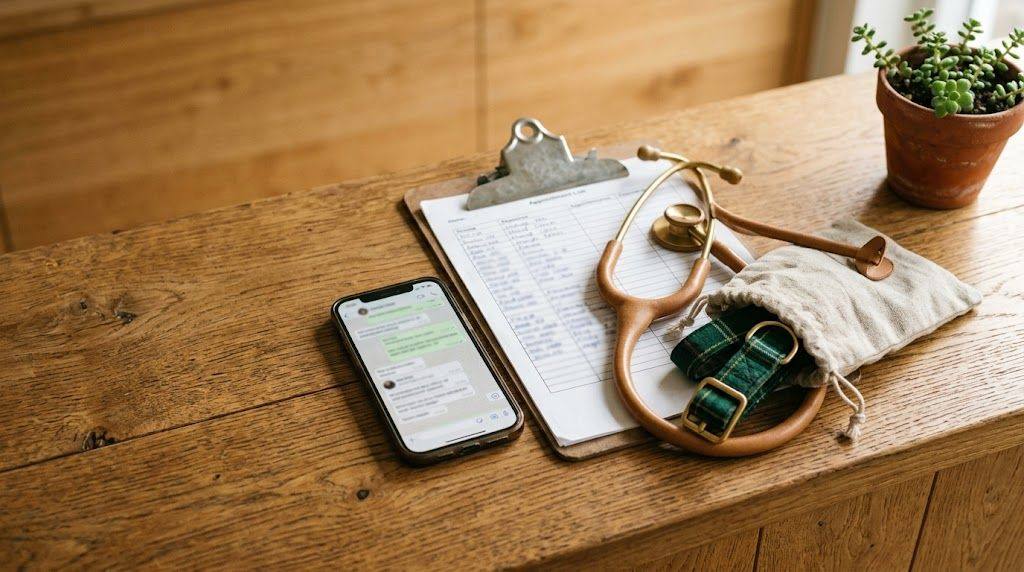 Houten balie van een Nederlandse dierenartspraktijk in warm licht: smartphone met WhatsApp-conversatie open, klembord met afsprakenagenda, stethoscoop en een bekertje koffie