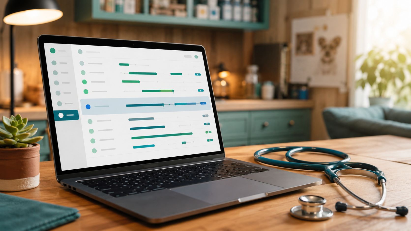 Moderne dierenkliniek onderzoeksruimte in groen-teal tinten met een tablet op de behandeltafel die een afsprakenoverzicht toont, hond op de achtergrond, editorial fotografie
