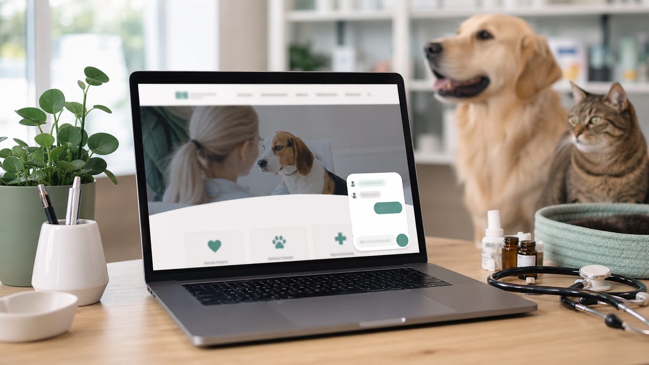 Laptop met chatbot widget voor dierenarts website