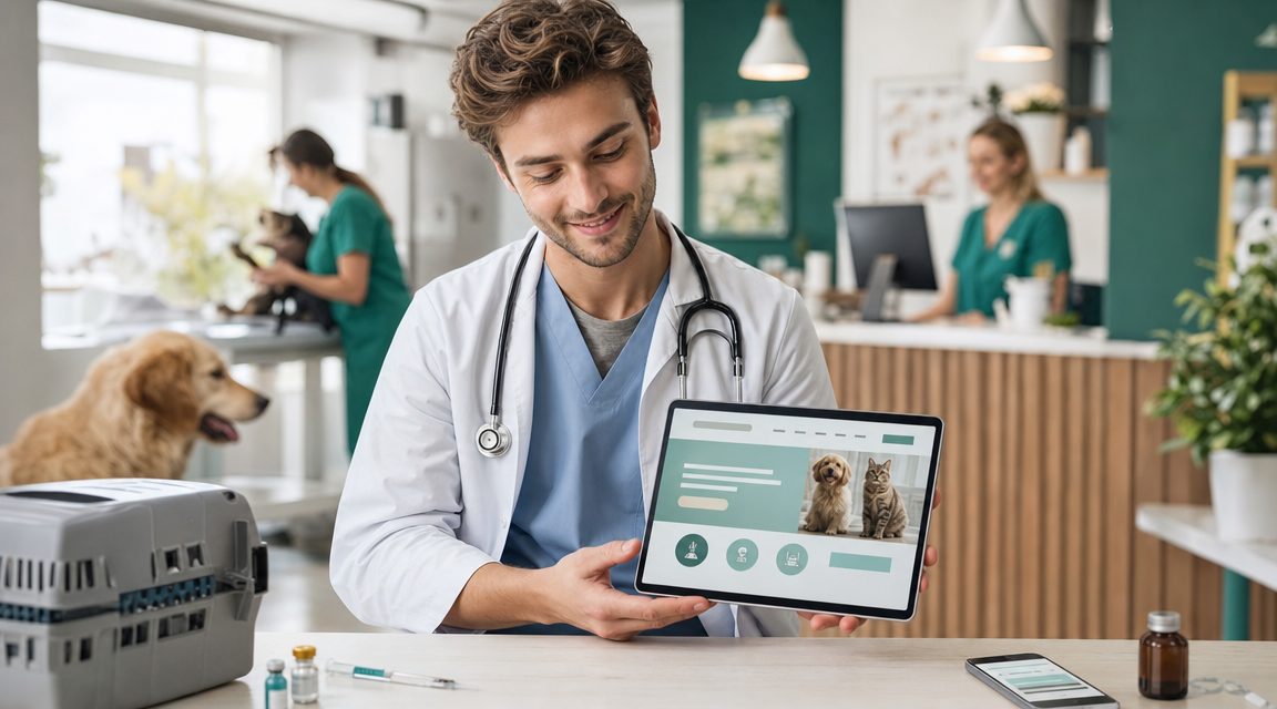Dierenartsen eigenaar bekijkt nieuwe website preview op tablet