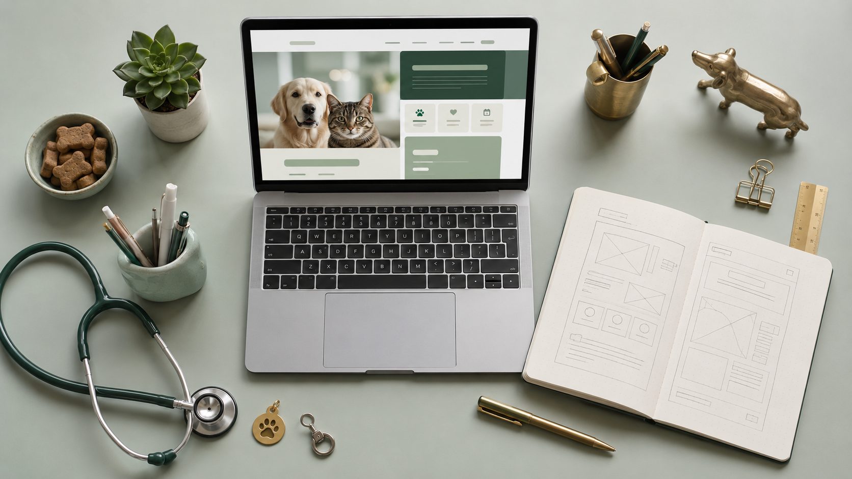 Top-down flat-lay van dierenarts website ontwerpproces met wireframe schetsen