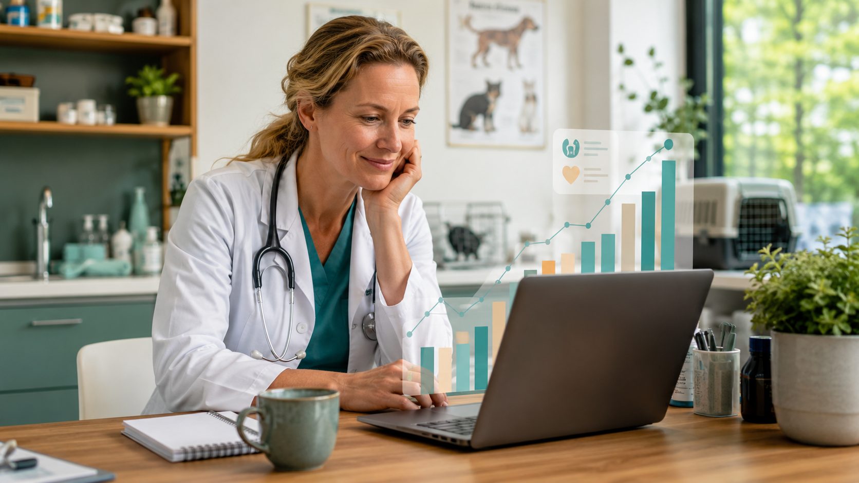 Dierenartsen eigenaar bekijkt review analytics dashboard