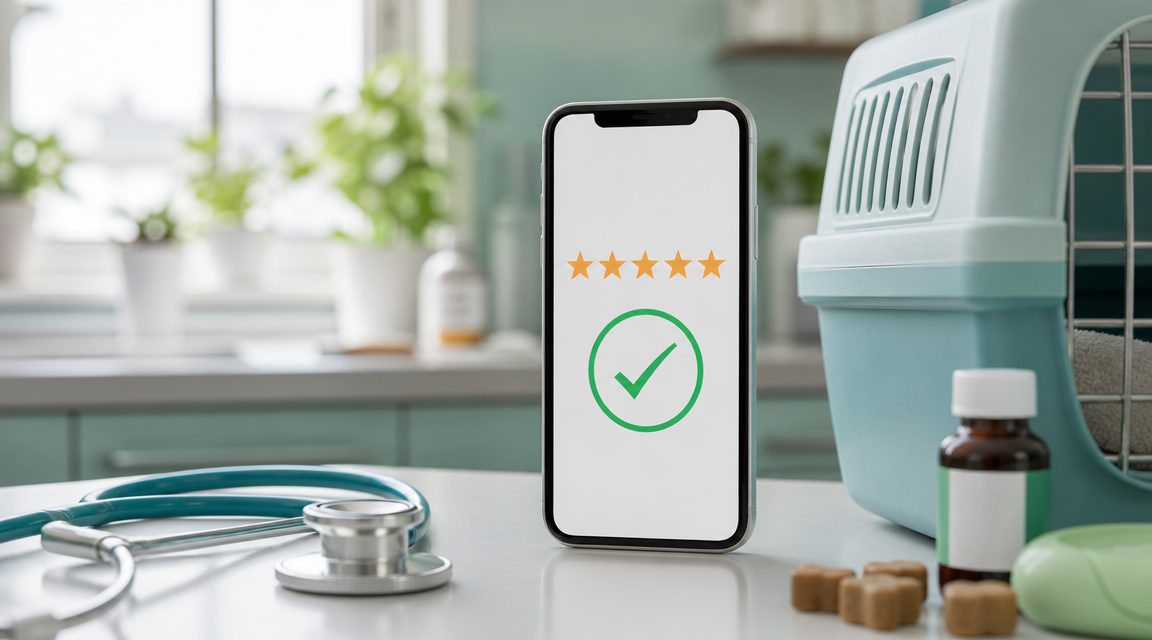 5-sterren review op smartphone — Google review na dierenarts klus