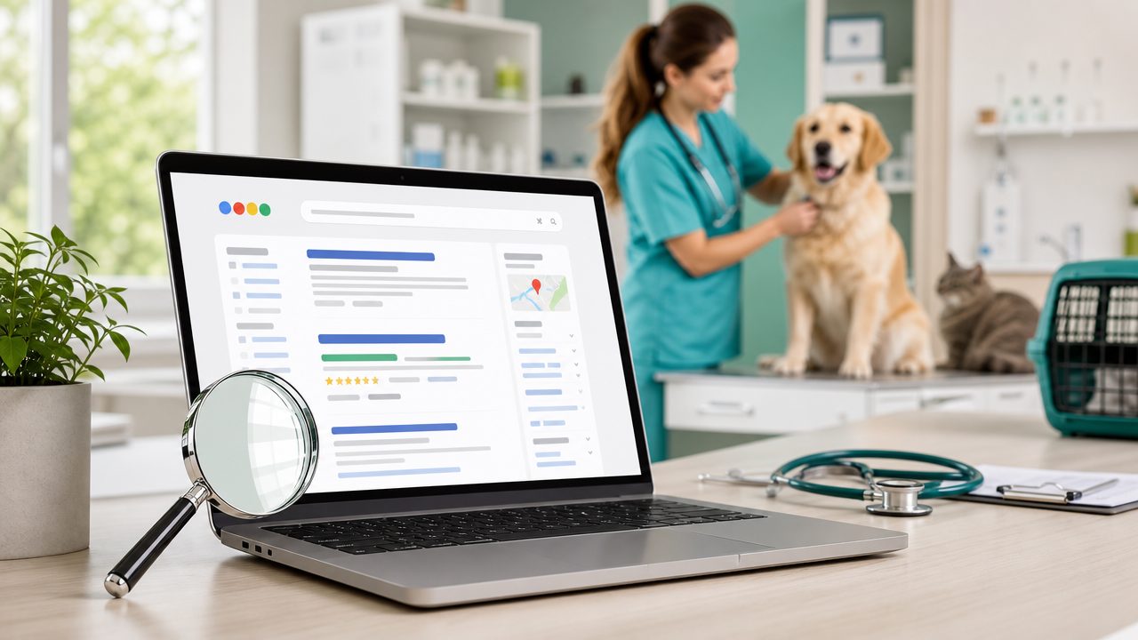 SEO voor dierenartsen — Google ranking dashboard op laptop
