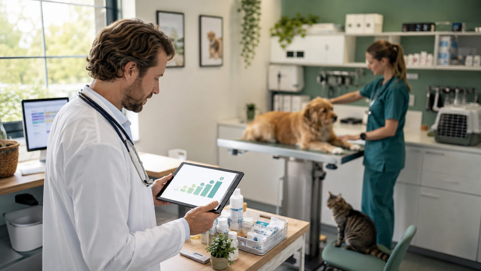 Dierenarts bekijkt SEO ranking-chart op tablet