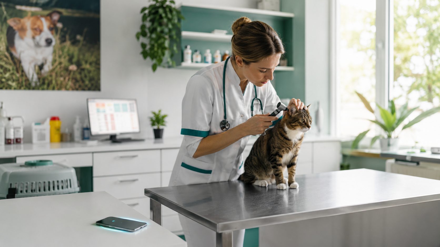 Dierenarts werkt terwijl Voice AI binnenkomende oproep beantwoordt